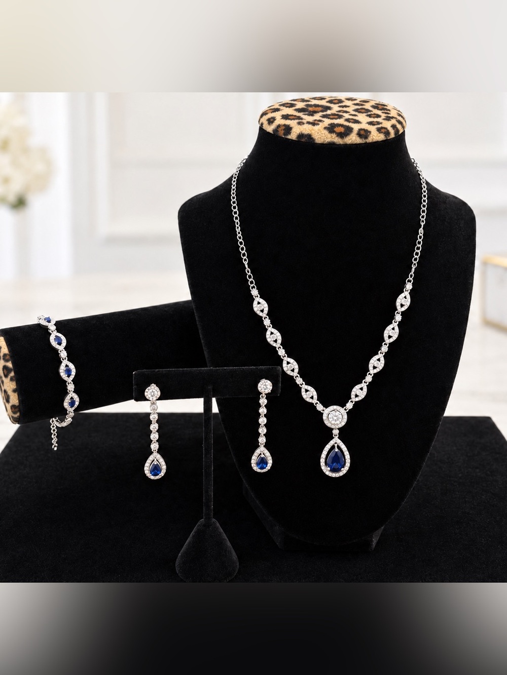 Blue CZ Silver-Tone 3 Piece Jewelry Set Necklace Earrings Bracelet